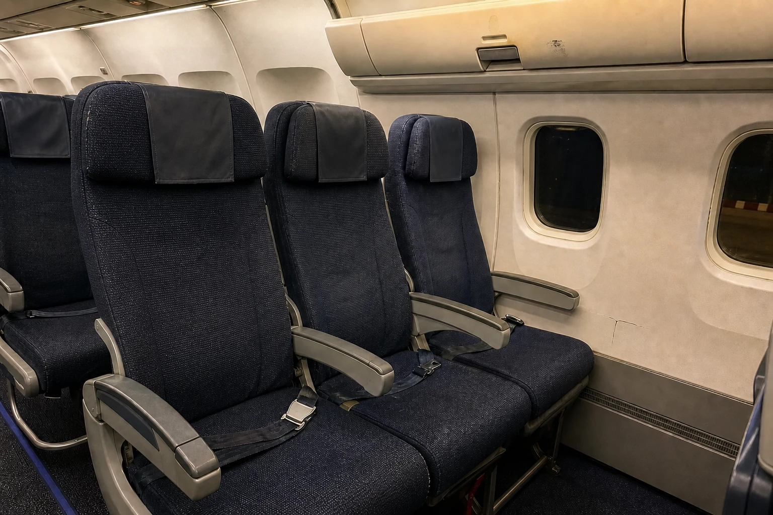 Handheld aircraft seat-bay inspection showing early aisle-seat seam wear, a localized overhead-bin rub mark, a compliant middle seat, and a visible sidewall crack